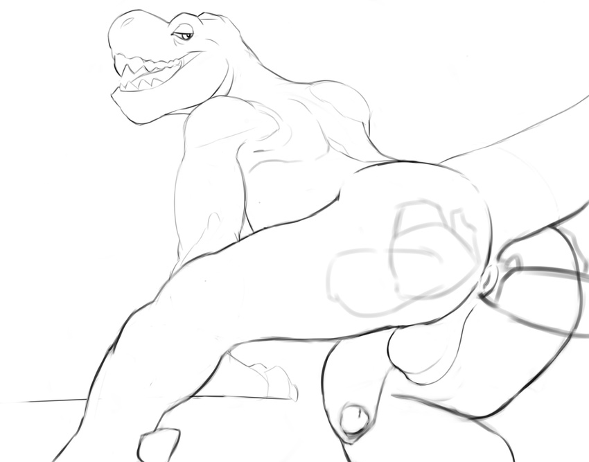 anthro anus balls close-up dinosaur disembodied_hand disembodied_penis duo flaccid jaysee male male/male monochrome muscular penis sketch smile solo_focus theropod tyrannosaurus_rex uncut
