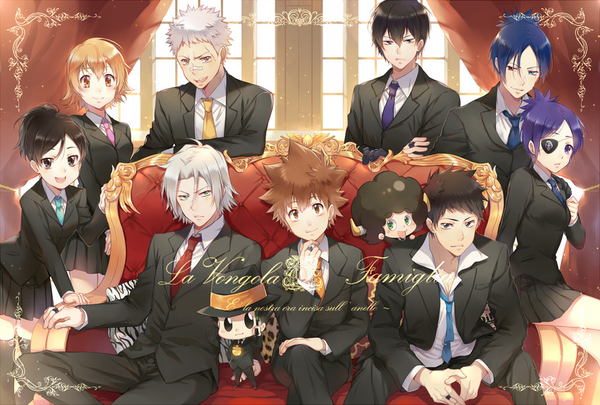 bandaid business_suit chrome_dokuro ekita_gen eyepatch gokudera_hayato heterochromia hibari_kyouya horns katekyo_hitman_reborn! lambo miura_haru reborn rokudou_mukuro sasagawa_kyouko sasagawa_ryohei sawada_tsunayoshi superbi_squalo yamamoto_takeshi