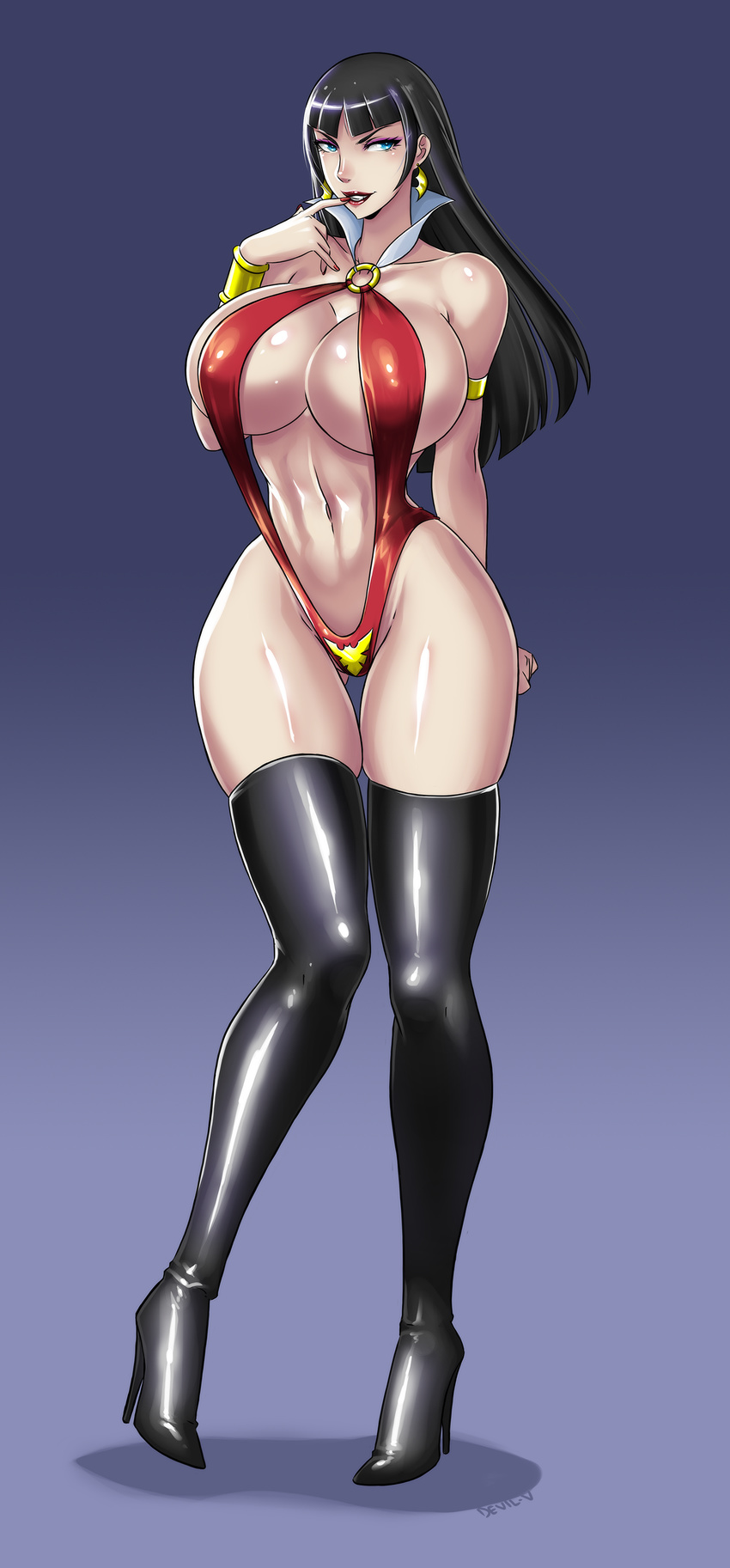 absurdres armband black_hair blue_eyes boots breasts cleavage devil-v earrings highres huge_breasts jewelry slingshot_swimsuit swimsuit thigh_boots thighhighs vampirella vampirella_(character)