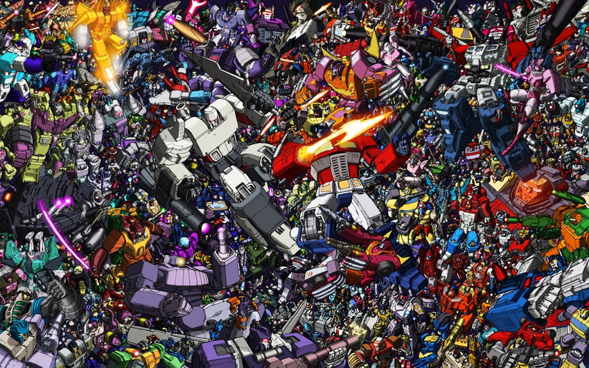 90s absolutely_everyone autobot decepticon don_figueroa everyone highres mecha megatron no_humans oldschool optimus_prime transformers