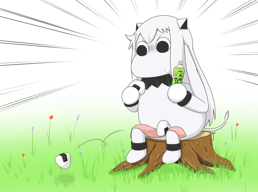 bottle brand_name_imitation collar comic commentary dropping eating flower food food_on_legs grass holding holding_bottle holding_food horns kantai_collection long_hair mittens moomin muppo northern_ocean_hime onigiri sazanami_konami sitting sitting_on_tree_stump solo tail tree_stump white_background white_hair wrappings