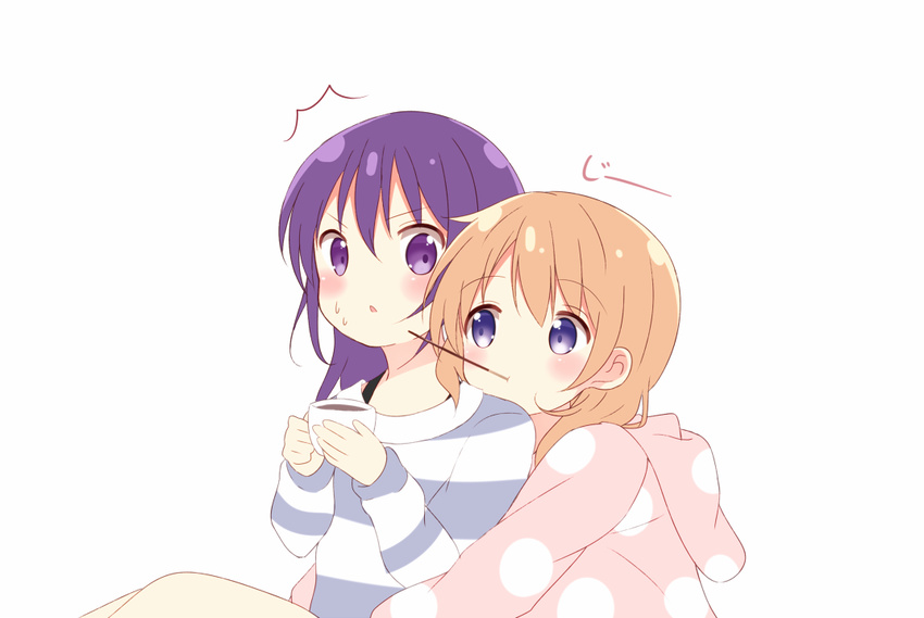 2girls :t bangs blue_eyes blush brown_hair closed_mouth cup eyebrows_visible_through_hair food food_in_mouth gochuumon_wa_usagi_desu_ka? hair_between_eyes holding holding_cup hoto_cocoa long_hair looking_at_another loungewear mouth_hold multiple_girls nagomi_yayado open_mouth pocky polka_dot_hoodie polka_dot_sweater purple_eyes purple_hair simple_background sitting staring striped striped_sweater sweatdrop sweater tareme teacup tedeza_rize triangle_mouth white_background yuri