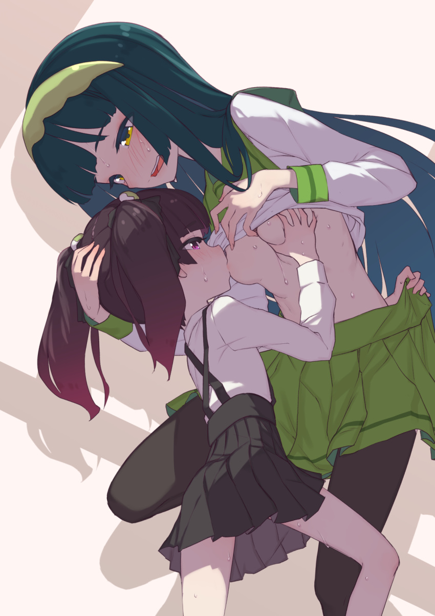 2girls alternate_hairstyle bangs black_hair black_legwear black_skirt blunt_bangs blush breast_grab breast_sucking breasts eyebrows_visible_through_hair grabbing green_hair green_hairband green_sailor_collar green_skirt hair_down hair_ribbon hairband hand_on_another's_head hand_on_another's_head highres hime_cut lifted_by_self long_hair long_sleeves looking_at_another medium_breasts miniskirt multiple_girls nipples no_bra nose_blush open_clothes open_mouth open_skirt pantyhose pea_pod pleated_skirt purple_eyes ribbon sailor_collar school_uniform serafuku shirt shirt_lift size_difference skirt suspender_skirt suspenders sweat touhoku_kiritan touhoku_zunko twintails undressing very_long_hair voiceroid wavy_mouth white_shirt yamadori_enka yellow_eyes yuri