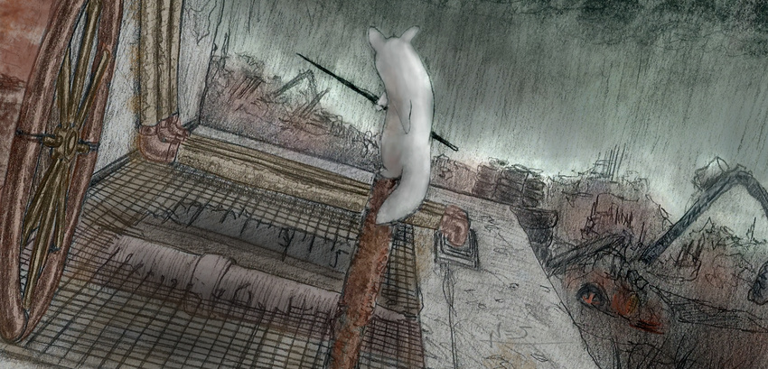 balancing fur grating heights holt5 junkyard leaning mammal melee_weapon no_clothes outside pipes polearm post-apocalyptic rain_world raining rear_view rusty slugcat solo spear standing storm thick_tail tires weapon wheel white_fur