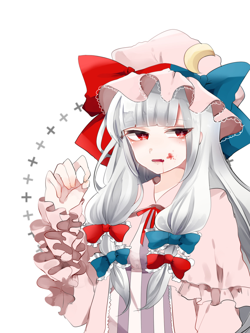 alternate_hair_color blood blood_on_face blue_bow bow commentary_request crescent crescent_hair_ornament dress eyebrows_visible_through_hair fang frilled_dress frilled_sleeves frills grey_hair hair_bow hair_ornament hat highres long_hair mob_cap open_mouth pale_skin patchouli_knowledge red_bow red_eyes ribbon sidelocks solo striped striped_dress suzune_hapinesu touhou vampire