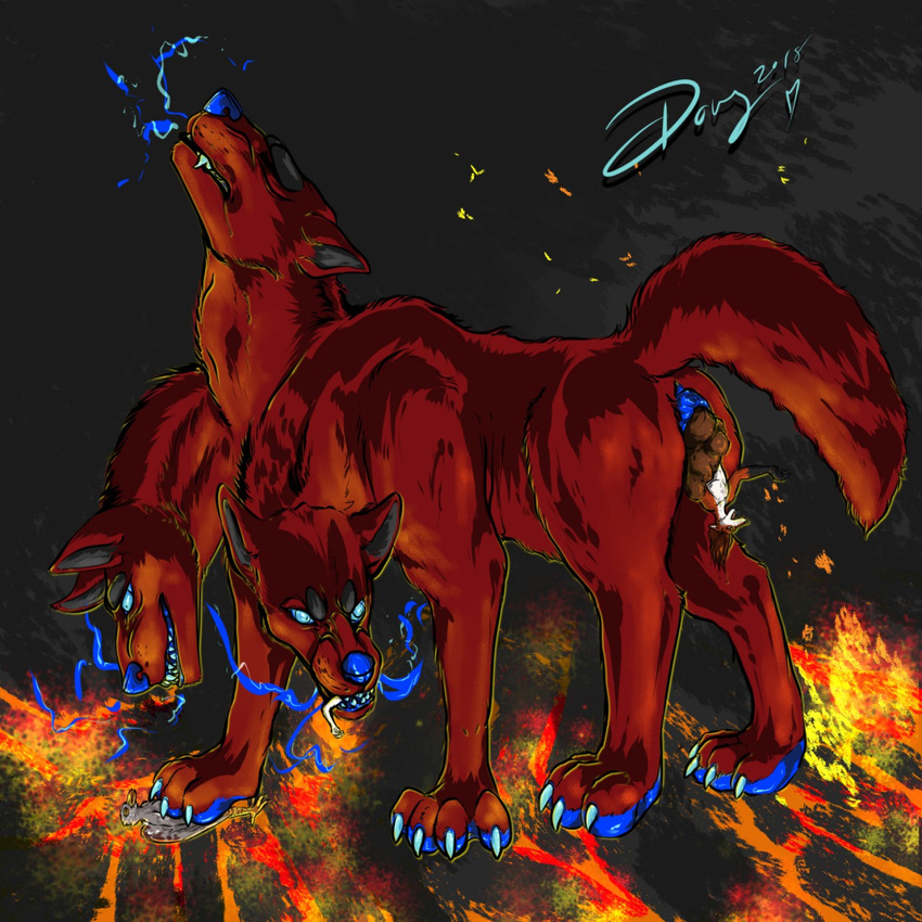 avian bird blue_skin canine cerberus claws crush demon dog doves evil_grin feces fire full_tour fur hell hellhound lava macro mammal micro micro_on_macro multi_head oral_vore pawpads pigeon pinned pooping raised_tail red_fur scat size_difference smile vore