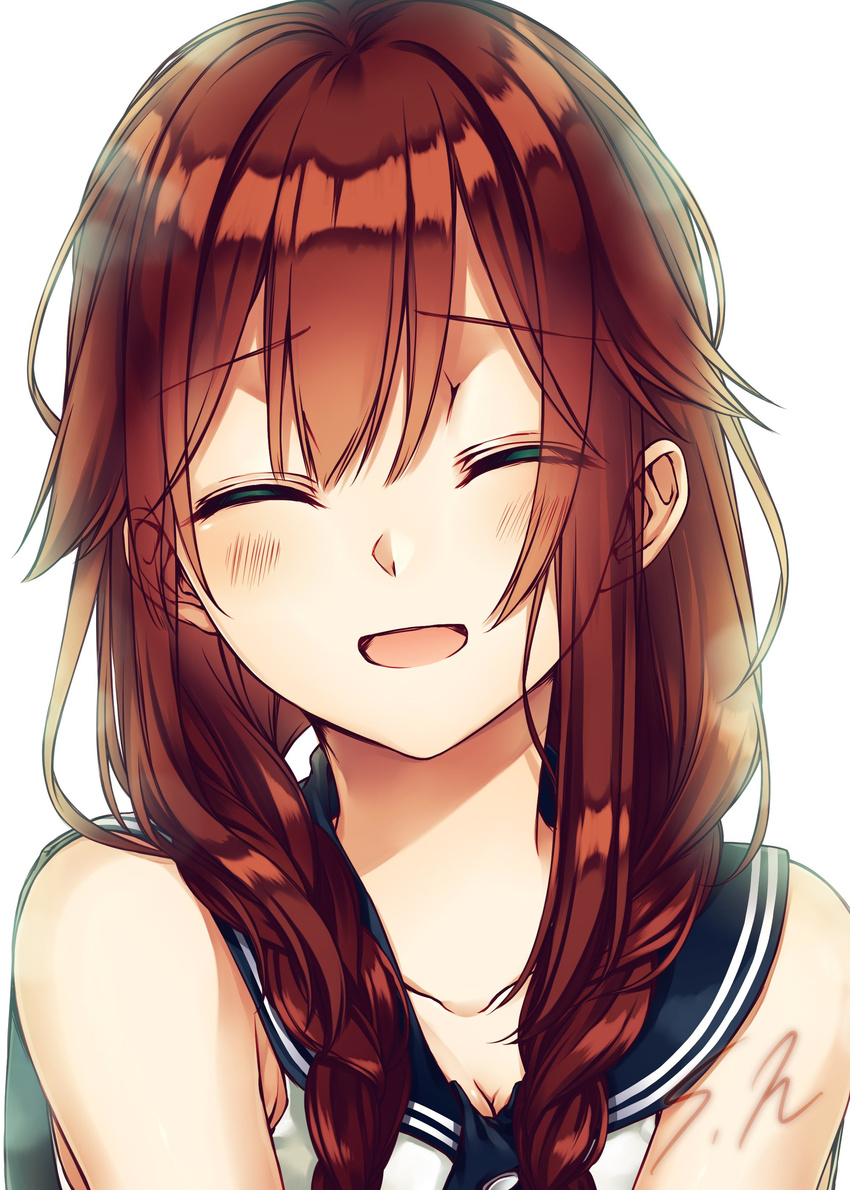 :d absurdres bare_shoulders braid breasts brown_hair cleavage closed_eyes collarbone eyebrows_visible_through_hair face hair_over_shoulder head_tilt highres kantai_collection long_hair low_twintails noshiro_(kantai_collection) open_mouth saijou_haruki sailor_collar simple_background small_breasts smile solo tongue twin_braids twintails upper_body white_background