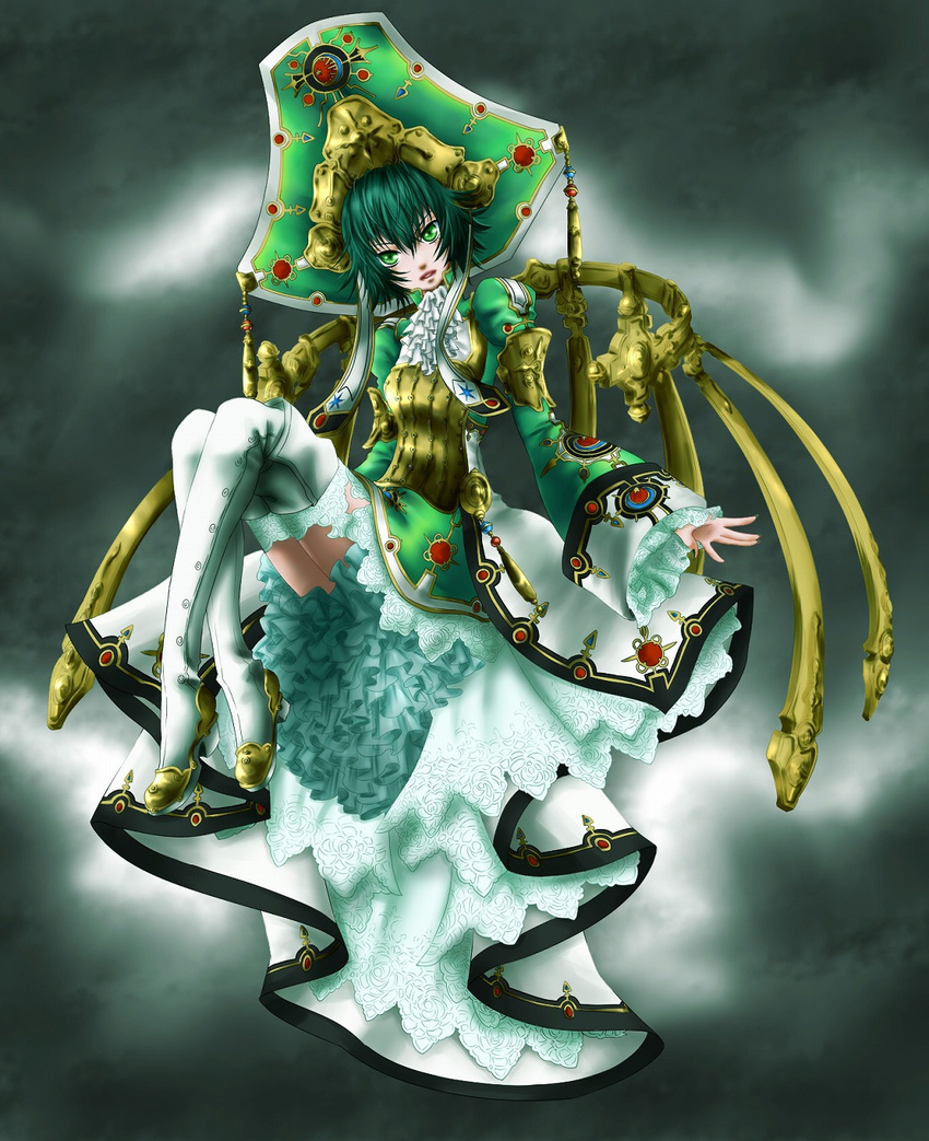 :d androgynous ascot bad_id bad_pixiv_id boots capybara_(artist) dress fingernails flat_chest frills garter_straps gothic green_eyes green_hair green_nails hat high_heels highres jewelry lace long_fingernails nail_polish open_mouth seth_nightroad shoes short_hair smile solo thigh_boots thighhighs trinity_blood white_legwear