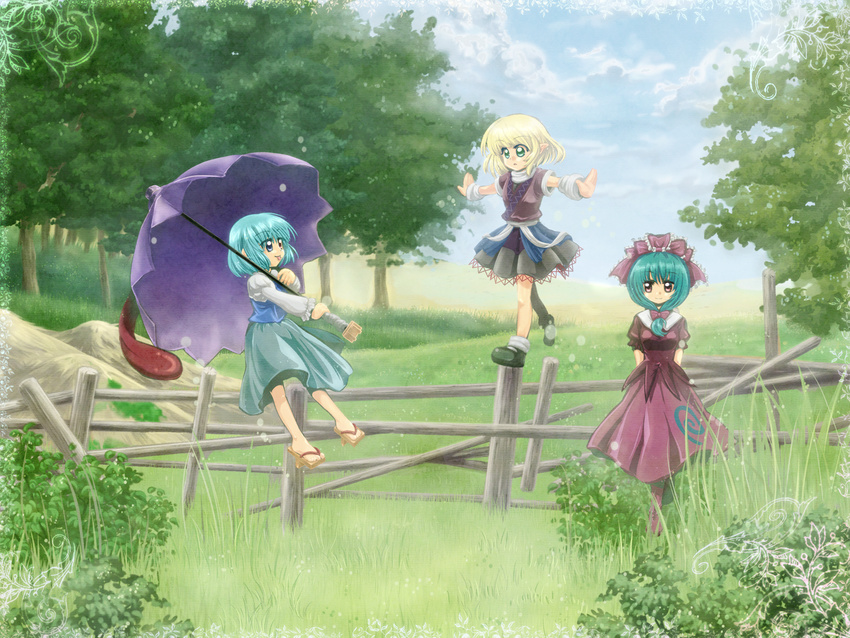 :p bad_id bad_pixiv_id balancing blonde_hair blue_hair fence front_ponytail green_eyes green_hair heterochromia highres kagiyama_hina kuro_mame mizuhashi_parsee multiple_girls nature stage_connection tatara_kogasa tongue tongue_out touhou umbrella