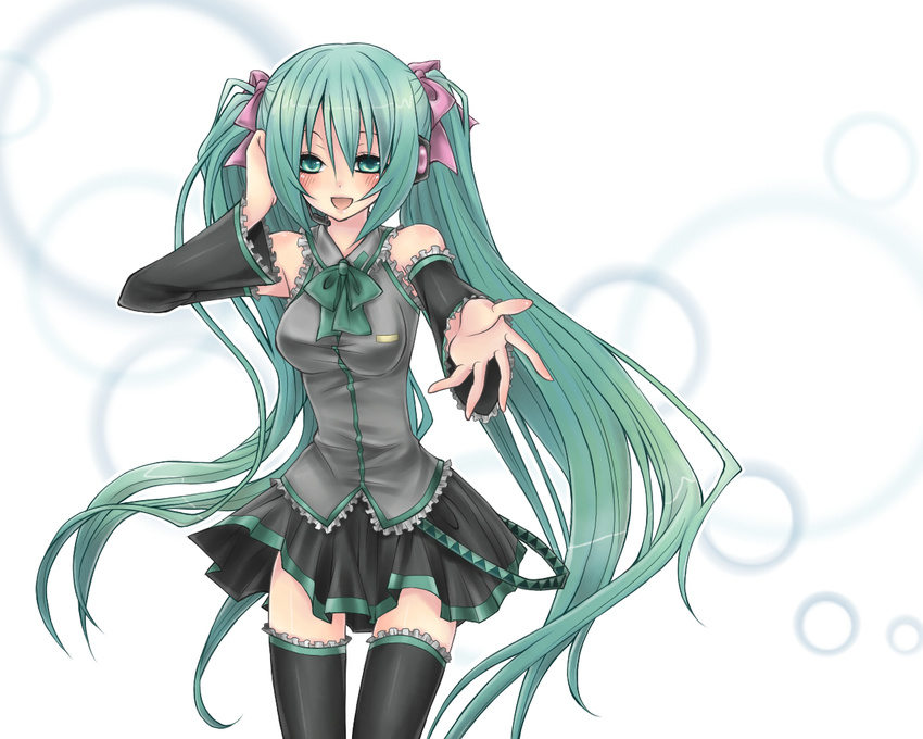 bad_id bad_pixiv_id blush bow bowtie detached_sleeves frills green_eyes green_hair hair_bow hatsune_miku headset long_hair outstretched_arm outstretched_hand reaching skirt solo takamiya_ren thighhighs twintails very_long_hair vocaloid