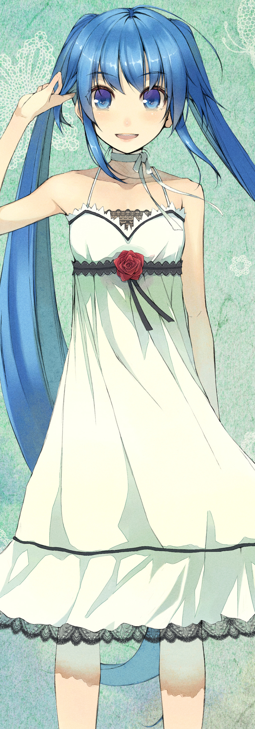 absurdres alternate_hair_color bad_id bad_pixiv_id blue_eyes blue_hair choker dress hatsune_miku hazymoooooon highres long_hair ribbon_choker smile solo sundress twintails very_long_hair vocaloid