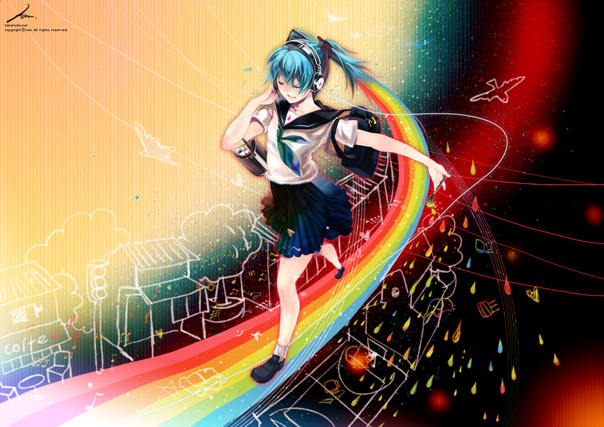 aqua_hair art_brush bad_id bad_pixiv_id bag closed_eyes hatsune_miku headphones kaninn musical_note paintbrush rainbow rainbow_path school_bag school_uniform serafuku short_hair smile vocaloid walking