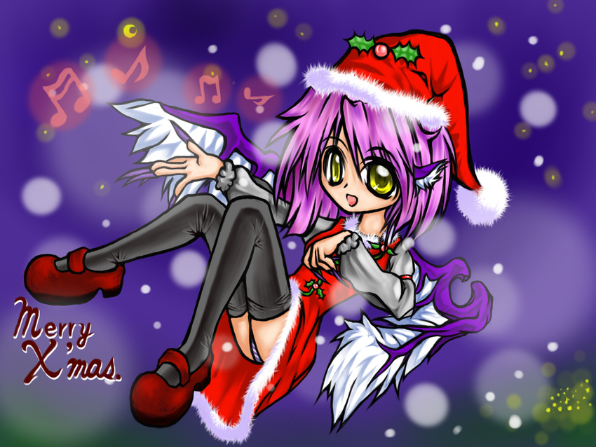 animal_ears black_legwear christmas datemaki hat mary_janes mystia_lorelei panties pink_hair santa_costume santa_hat shoes short_hair solo striped striped_panties thighhighs touhou underwear wings