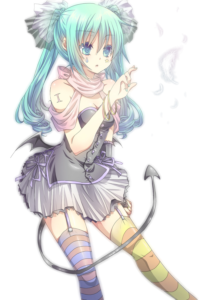 aqua_eyes aqua_hair aqua_nails bracelet bridal_gauntlets buttons demon_tail elbow_gloves eyelashes facepaint feathers garter_straps gloves hatsune_miku highres jewelry low_wings mismatched_legwear multicolored multicolored_clothes multicolored_legwear nail_polish ringlets see-through simple_background skirt solo striped striped_legwear tail takamiya_ren tattoo thighhighs twintails vocaloid wings