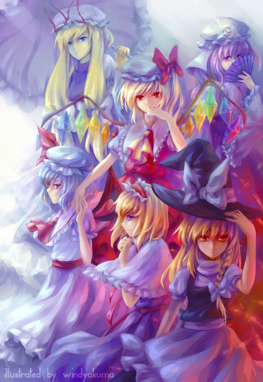 absurdres alice_margatroid bad_id bad_pixiv_id blonde_hair blue_hair braid capelet covering_mouth fan finger_to_mouth flandre_scarlet folding_fan hairband hand_on_headwear hands hat hat_ribbon highres holding_hands kirisame_marisa long_hair multiple_girls orange_eyes parasol purple_eyes purple_hair red_eyes remilia_scarlet ribbon saigyouji_yuyuko short_hair side_braid side_ponytail smirk touhou umbrella windyakuma wings witch_hat yakumo_yukari