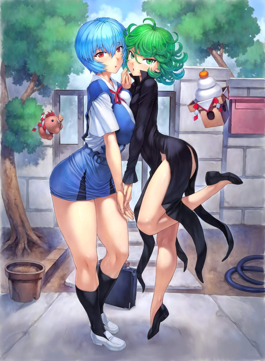 2girls ayanami_rei black_dress blue_hair brave_soul curly_hair dress fence flipped_hair floating green_eyes green_hair highres hose loafers mochi mogudan multiple_girls neon_genesis_evangelion new_year one-punch_man pig pot red_eyes school_uniform shoes short_hair side_slit stone_wall tatsumaki telekinesis tree wall