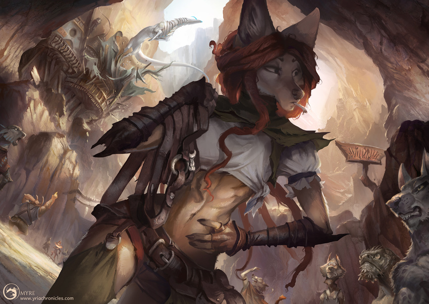 5_fingers alectorfencer anthro brown_hair canine clothed clothing day detailed_background female fox hair male mammal midriff navel outside standing wolf