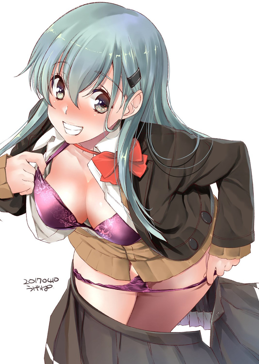 aqua_hair artist_name blazer blush bow bowtie bra breasts brown_jacket cleavage collarbone collared_shirt commentary_request dated from_above green_eyes grin hair_between_eyes hair_ornament hairclip highres jacket kantai_collection lingerie long_hair long_sleeves looking_at_viewer medium_breasts nose_blush open_blazer open_clothes open_jacket panties panty_pull partially_undressed pleated_skirt purple_bra purple_panties remodel_(kantai_collection) school_uniform shirt signature simple_background skirt skirt_removed smile solo strap_pull suzuya_(kantai_collection) ugeppa underwear white_background white_shirt wing_collar