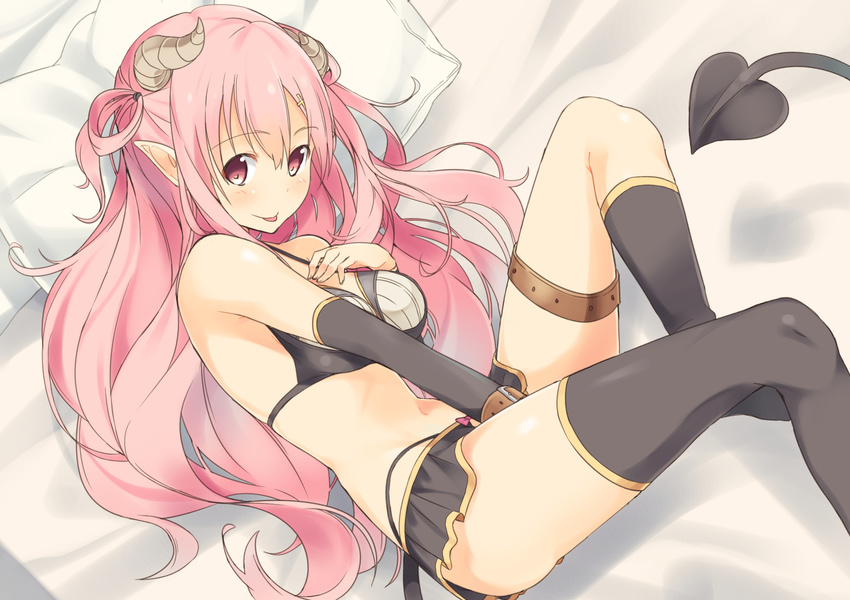 :p absurdres arm_warmers bed bikini_top black_legwear breasts cleavage demon_girl demon_tail highleg highleg_panties highres horns kneehighs long_hair lying maechuu md5_mismatch medium_breasts miniskirt mismatched_legwear on_side original panties pillow pink_eyes pink_hair pointy_ears single_kneehigh single_thighhigh skirt smile succubus tail thigh_strap thighhighs tongue tongue_out underwear