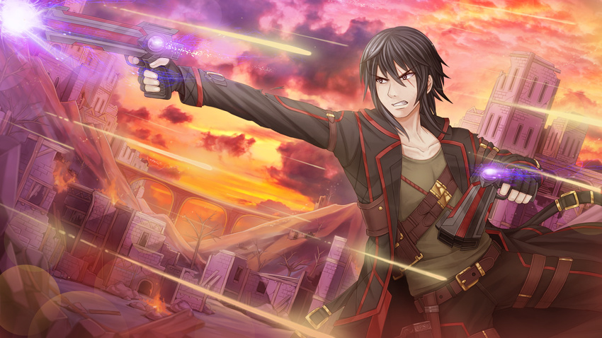 absurdres belt belt_buckle black_coat black_gloves black_hair black_pants bridge buckle clenched_teeth crystalline dual_wielding fingerless_gloves firing gloves green_shirt gun handgun highres holding holster male_focus pants pistol scar scar_across_eye shirt solo teeth trench_coat weapon zack_spade