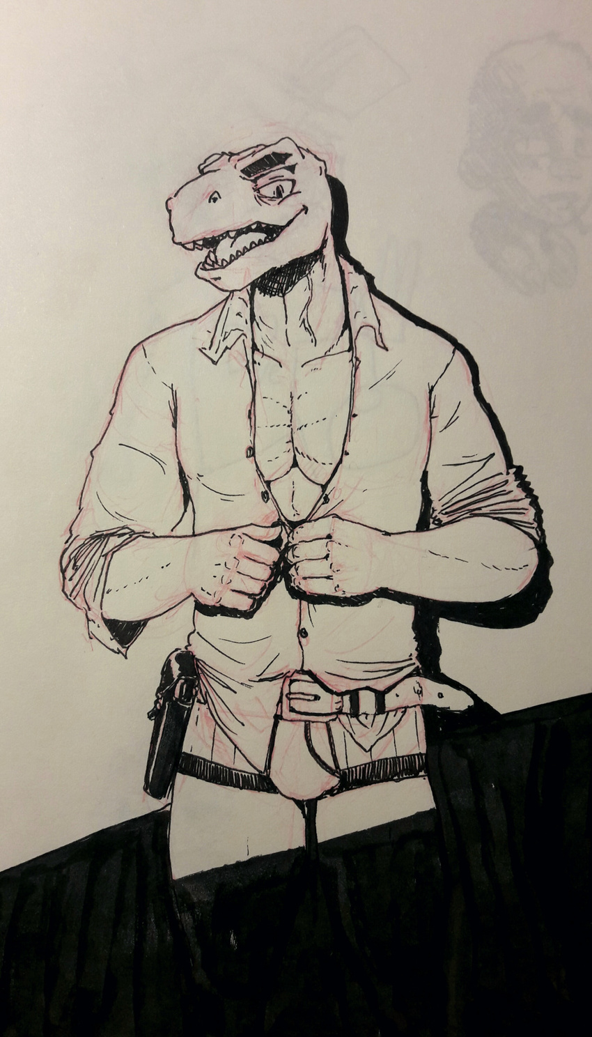 anthro clothed clothing lizard looking_at_viewer male monochrome muscular open_shirt reptile scalie serex solo standing traditional_media_(artwork)