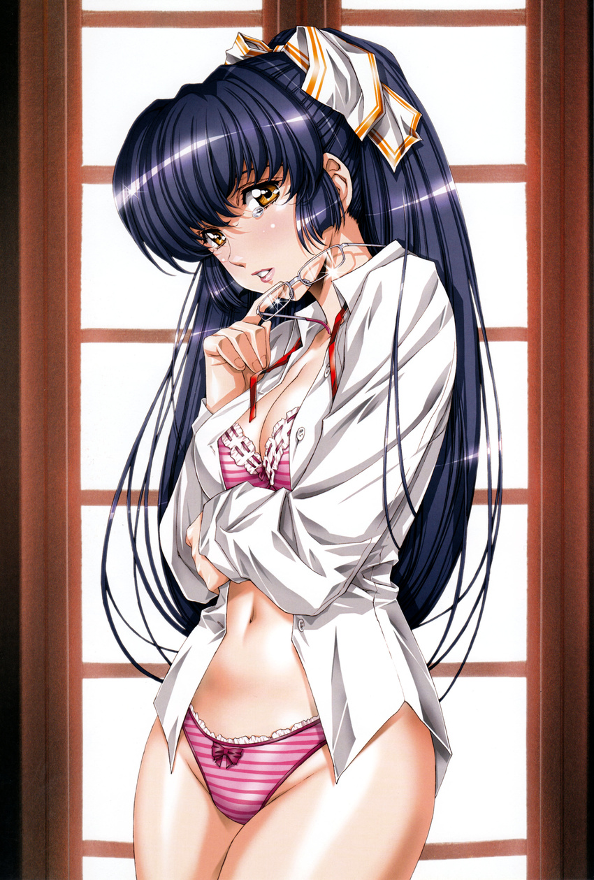 absurdres bangs black_hair bra breasts brown_eyes cleavage comic_tenma dress_shirt eyewear_removed frilled_panties frills glasses hair_ribbon highres holding holding_eyewear indoors lingerie lipstick long_hair looking_at_viewer makeup medium_breasts navel non-web_source open_clothes open_shirt panties ribbon scan shirt solo striped striped_bra striped_panties tears unbuttoned underwear urushihara_satoshi