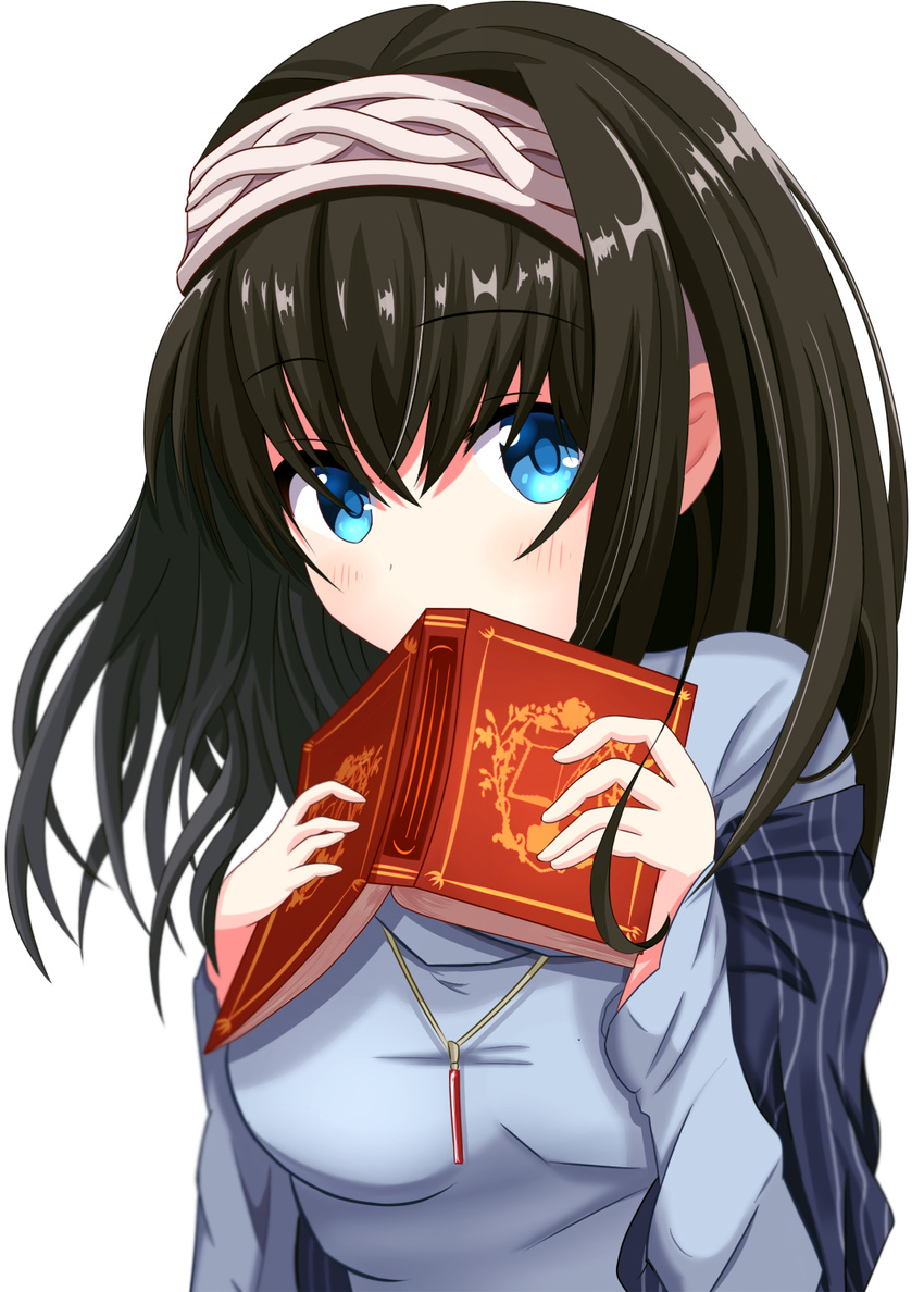 amasajithira black_hair blue_eyes blush book breasts commentary eyebrows_visible_through_hair hair_between_eyes hairband highres holding holding_book idolmaster idolmaster_cinderella_girls jewelry large_breasts long_hair long_sleeves looking_at_viewer necklace off-shoulder_sweater open_book pendant ribbed_sweater sagisawa_fumika shawl simple_background solo sweater upper_body white_background