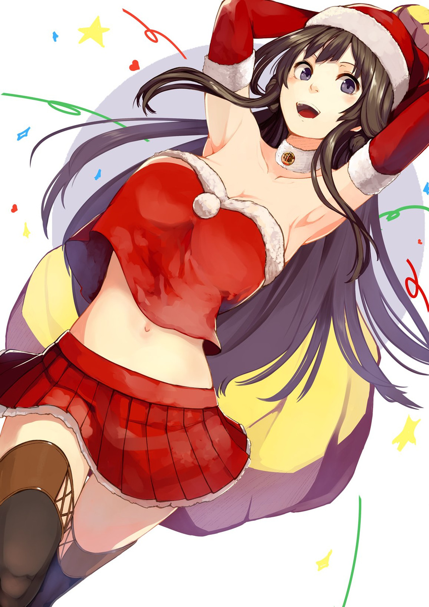 :d alternate_costume black_hair boots breasts choker cleavage fur_trim gloves hat highres houmatu_awa kantai_collection kongou_(kantai_collection) large_breasts long_hair looking_at_viewer midriff miniskirt open_mouth pleated_skirt red_gloves sack santa_costume santa_hat skirt smile solo thigh_boots thighhighs zettai_ryouiki