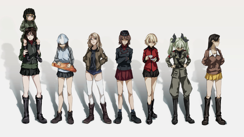 anchovy ankle_boots anzio_military_uniform arms_behind_back asymmetrical_bangs bangs belt black_footwear black_hair black_hat black_jacket black_legwear black_neckwear black_ribbon black_shirt black_skirt black_vest blonde_hair blue_eyes blue_footwear blue_hat blue_jacket blue_shorts blue_skirt boots brown_eyes brown_hair brown_jacket carrying chi-hatan_military_uniform commentary crossed_arms cup darjeeling denim denim_shorts dress_shirt emblem epaulettes full_body garrison_cap ghost_in_the_shell ghost_in_the_shell_lineup ghost_in_the_shell_stand_alone_complex girls_und_panzer green_jacket grey_jacket grey_pants hair_ribbon hands_in_pockets hands_on_hips hat helmet highres holding instrument jacket kantele katyusha kay_(girls_und_panzer) keizoku_military_uniform knee_boots kuromorimine_military_uniform long_hair long_sleeves looking_at_viewer mika_(girls_und_panzer) military military_hat military_uniform miniskirt multiple_girls necktie nishi_kinuyo nishizumi_maho nonna odd_one_out pants pleated_skirt pravda_military_uniform raglan_sleeves red_jacket red_shirt red_skirt ribbon saucer saunders_military_uniform school_uniform seven_(seven8xxx) shadow shirt short_hair short_jumpsuit short_shorts shorts shoulder_belt shoulder_carry skirt socks st._gloriana's_military_uniform standing star swept_bangs teacup thighhighs track_jacket trait_connection turtleneck uniform vest wallpaper white_legwear yellow_skirt