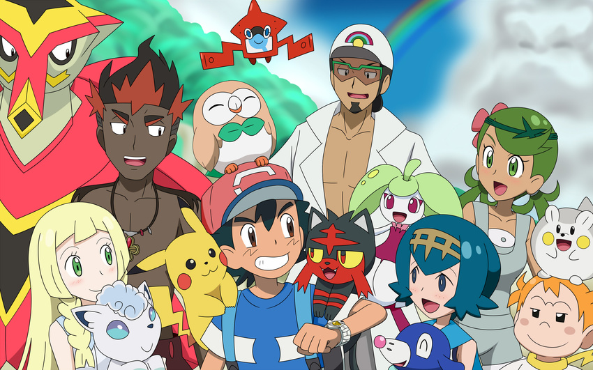 alolan_vulpix kaki_(pokemon) kukui_(pokemon) lillie_(pokemon) litten mamane_(pokemon) mao_(pokemon) pikachu pokemon pokemon_sm pokemon_sm_(anime) popplio rotom_dex rowlet satoshi_(pokemon) steenee suiren_(pokemon) togedemaru turtonator