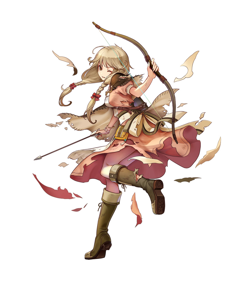 apron arrow back blonde_hair boots bow bow_(weapon) bracelet braid brown_eyes brown_footwear capelet effie_(fire_emblem) fire_emblem fire_emblem_echoes:_mou_hitori_no_eiyuuou fire_emblem_heroes full_body highres injury jewelry knee_boots konfuzikokon long_hair official_art one_eye_closed quiver simple_background solo torn_boots torn_clothes twin_braids weapon white_background