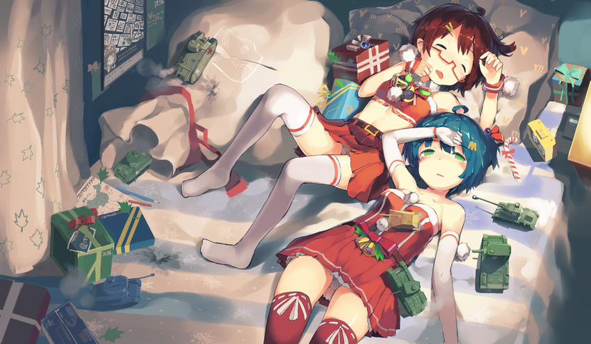 alarm_clock bag bandeau bare_shoulders bed bell blue_hair brown_hair candy candy_cane char_b1 churchill_(tank) clock closed_eyes curtains detached_collar dress elbow_gloves food gift glasses gloves green_eyes ground_vehicle hair_bobbles hair_ornament hairclip half-closed_eyes highres is-2 kv-2 lying m4_sherman map midriff military military_vehicle motor_vehicle multiple_girls no_shoes on_back open_mouth original panties pencil pillow pleated_skirt red_dress semi-rimless_eyewear skirt strapless strapless_dress tank thighhighs under-rim_eyewear underwear white_gloves white_panties wristband zhongye_yu