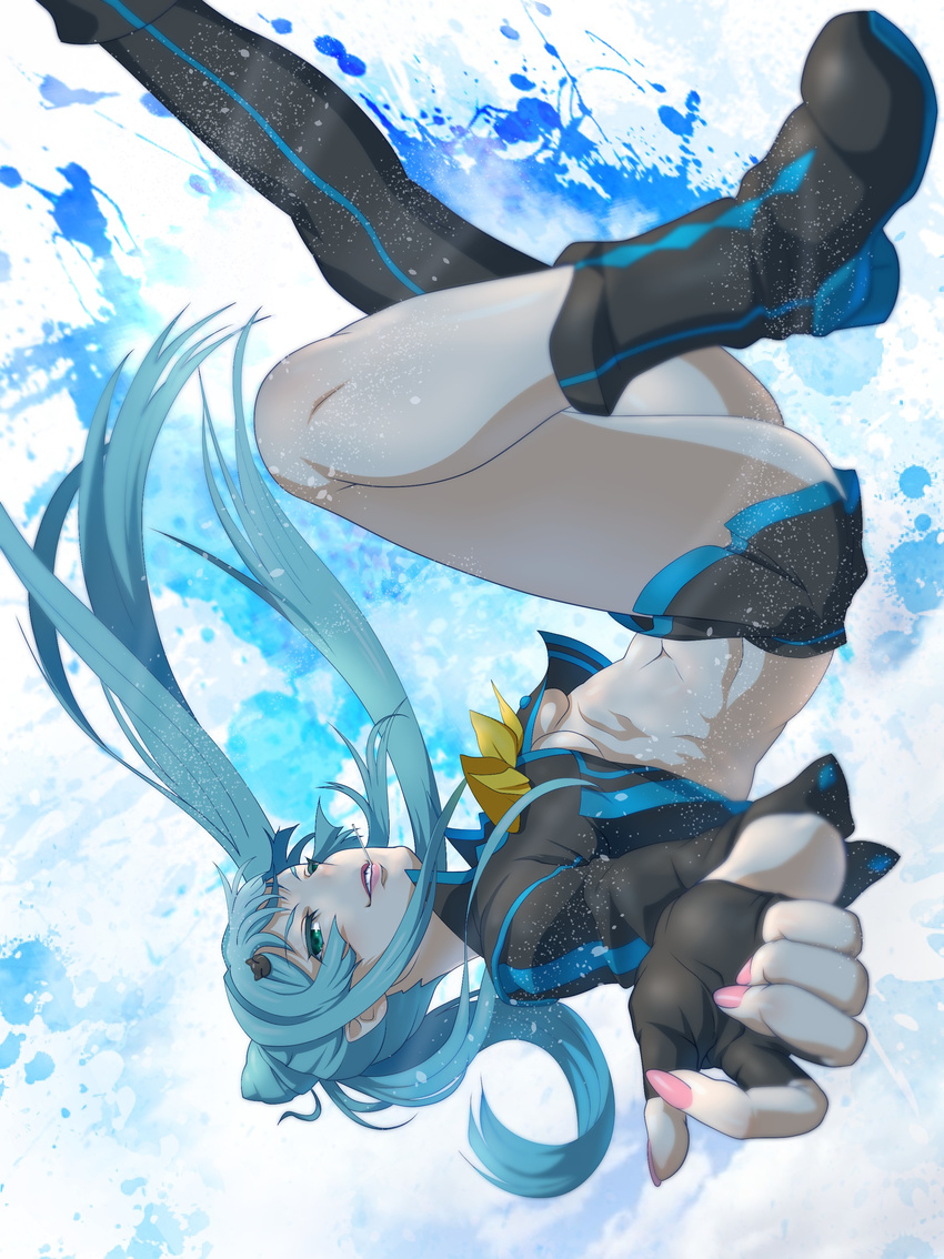 abstract_background absurdres asymmetrical_legwear blue_eyes blue_hair blurry boots breasts cat_hair_ornament character_request commentary_request depth_of_field double_bun falling fingerless_gloves fingernails foreshortening gloves grin hair_ornament highres kouba_nobu legs lips long_hair medium_breasts miniskirt nail_polish pink_nails reaching_out sagara_momoka sidelocks single_thighhigh skirt smile solo thighhighs thighs underboob valkyrie_drive