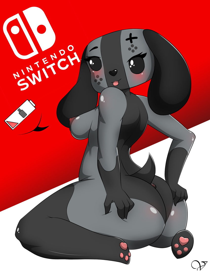 2017 animated anthro anus areola battery big_butt blush breasts butt canine dog female game_(disambiguation) hand_on_butt invalid_tag looking_at_view looking_back mammal nintendo nintendo_switch nipples pawpads simple_background slightly_chubby small_breasts solo speech_bubble switch_dog tongue tongue_out video_games zzvinniezz
