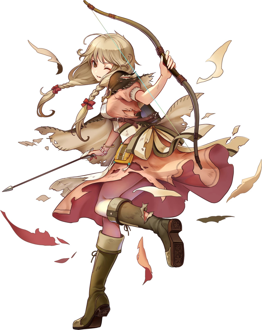 apron arrow bangs boots bow_(weapon) bracelet braid brown_eyes brown_hair capelet dress effie_(fire_emblem) fire_emblem fire_emblem_echoes:_mou_hitori_no_eiyuuou fire_emblem_heroes full_body highres jewelry knee_boots konfuzikokon long_hair official_art one_eye_closed quiver short_sleeves solo torn_boots torn_clothes transparent_background twin_braids weapon