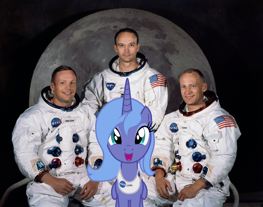 2017 badumsquish buzz_aldrin equine first_contact friendship_is_magic group_shot happy horn mammal michael_collins moon my_little_pony nasa neil_armstrong open_mouth photo ponies_in_real_life pose princess_luna_(mlp) sitting smile winged_unicorn wings