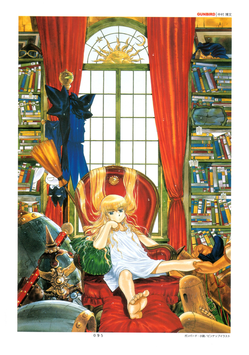 1girl armchair ash_(gunbird) aviator_cap barefoot blonde_hair blue_eyes book bookshelf broom bunny cape chair curtains dress dressing feet flight_cap flight_goggles goggles gunbird hand_on_own_cheek hand_on_own_face highres jacket marion messy_hair nakamura_hirofumi nightgown official_art pillow pom_poms pomupomu psikyo red_upholstery shelf single_sock sock_pull socks soles solo staff tetsu_(gunbird) traditional_art tuxedo valnus window witch yuan_nang