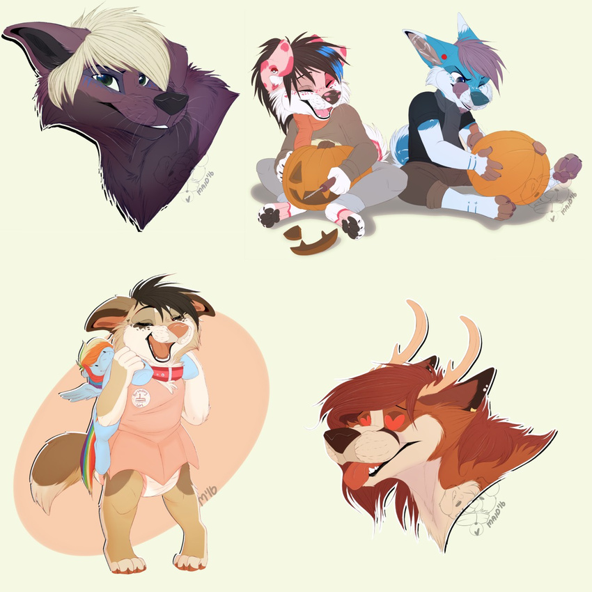 anthro antlers canine collar diaper female feral food fruit fur group hair horn knife maid. male mammal pumpkin smile tongue tongue_out