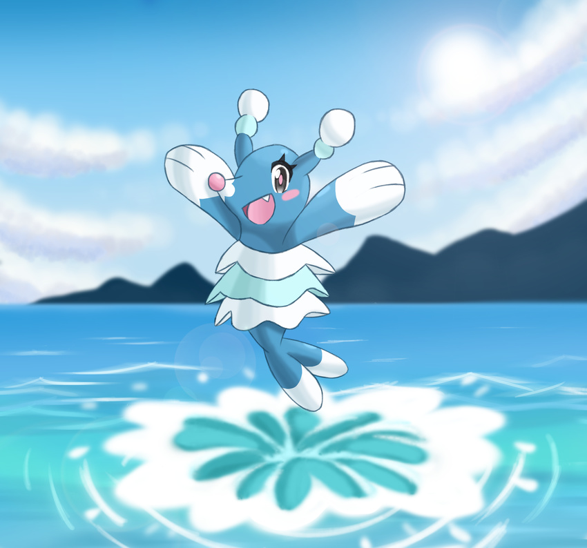 2016 black_eyes blush brionne cometx-ing_(artist) cute cute_fangs female feral jumping looking_at_viewer mammal marine mountain nintendo open_mouth pink_nose pink_pupils pinniped pok&eacute;mon rosy_cheeks sea solo trick video_games water