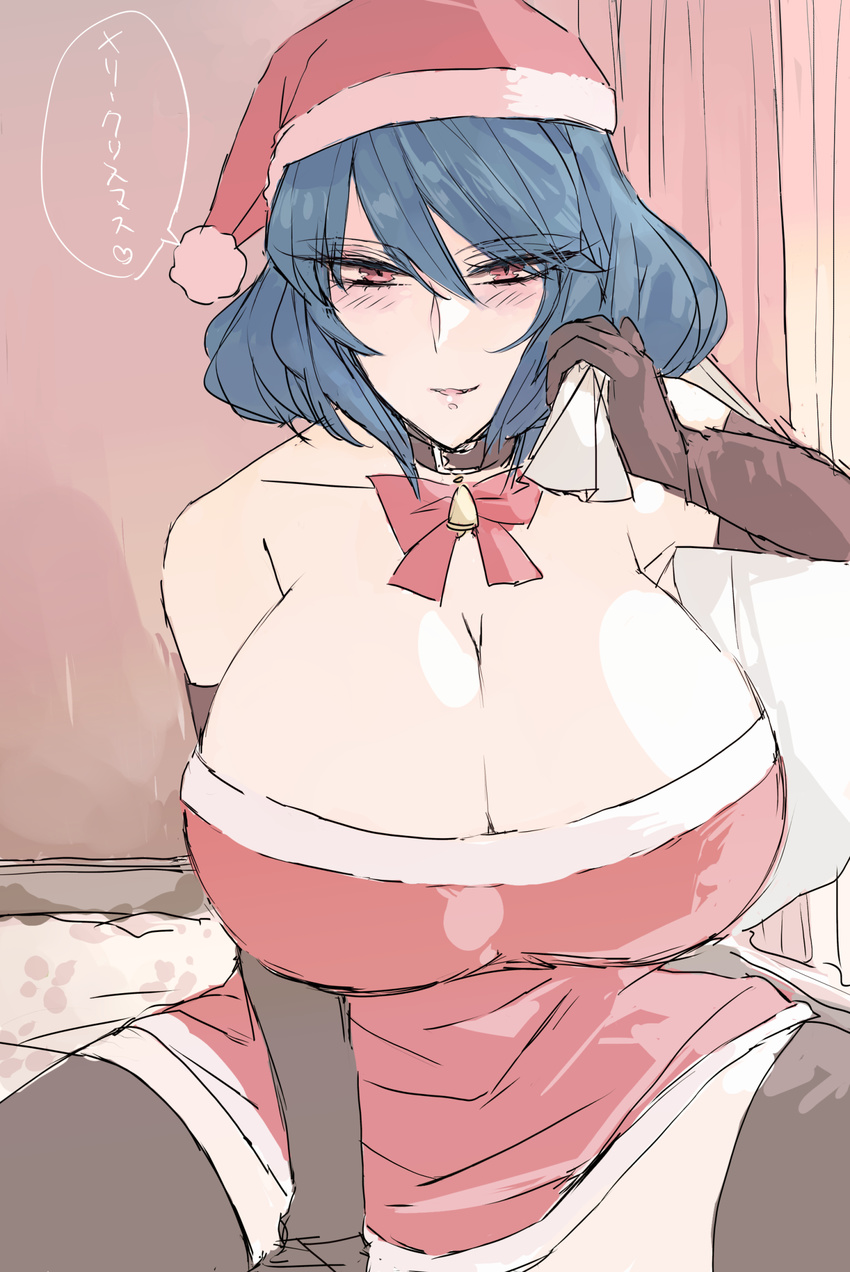 bell bell_collar blue_hair blush breasts bura christmas cleavage collar elbow_gloves fang gloves hat highres huge_breasts open_mouth red_eyes sack santa_costume santa_hat short_hair solo thighhighs touhou translated yasaka_kanako