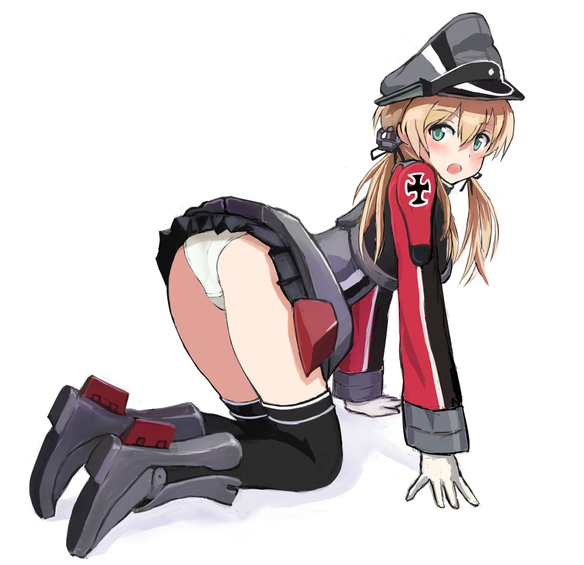 all_fours ass blonde_hair blue_eyes flat_ass from_side full_body gloves hat highres kantai_collection karashi_(tou_gara_shi) long_hair panties peaked_cap prinz_eugen_(kantai_collection) revision simple_background solo twintails underwear uniform white_background white_panties