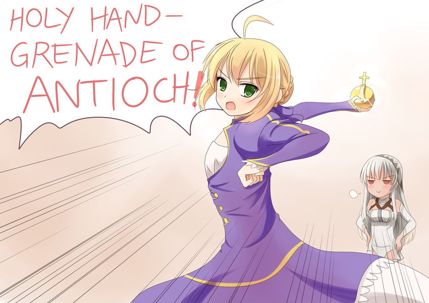ahoge altera_(fate) artoria_pendragon_(all) blonde_hair blue_dress blush commentary dress english explosive eyebrows_visible_through_hair fate/grand_order fate/stay_night fate_(series) green_eyes grenade highres holy_hand_grenade long_hair looking_at_viewer monty_python monty_python_and_the_holy_grail multiple_girls open_mouth red_eyes saber setia_pradipta short_hair silver_hair smile speech_bubble text_focus thighhighs white_legwear