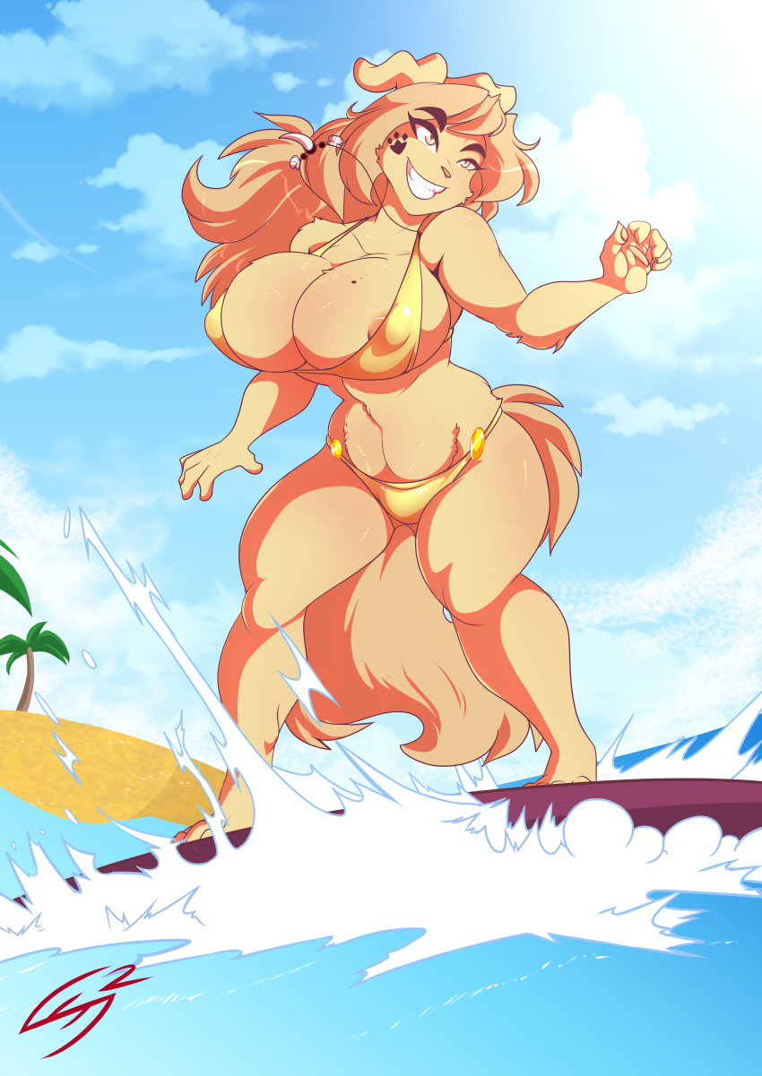 2016 5_fingers absurd_res anthro areola areola_slip beach big_breasts big_thighs bikini blonde_hair breasts canid canine canis clothing cloud detailed_background digital_media_(artwork) domestic_dog female floppy_ears fluffy fluffy_tail fur grin hair hi_res huge_breasts jewelry long_hair long_tail mammal necklace nipple_bulge nipple_slip outside palm_tree sagestrike2_(artist) sand seaside sky smile solo standing surfboard surfing swimsuit tan_ears tan_fur tan_hair tan_tail tattoo teeth tree voluptuous water wide_hips