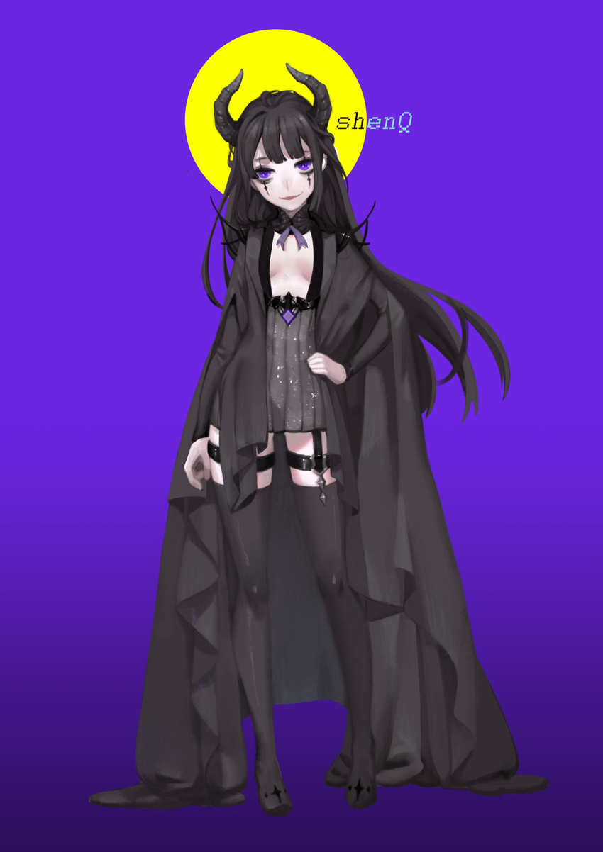 artist_name black_dress black_footwear black_hair black_legwear blue_background boots breasts cape contrapposto demon_horns detached_collar dress facial_mark full_body garter_straps gradient gradient_background hand_on_hip high_heel_boots high_heels highres horns original purple_background purple_eyes shenq small_breasts smile solo standing thigh_boots thighhighs