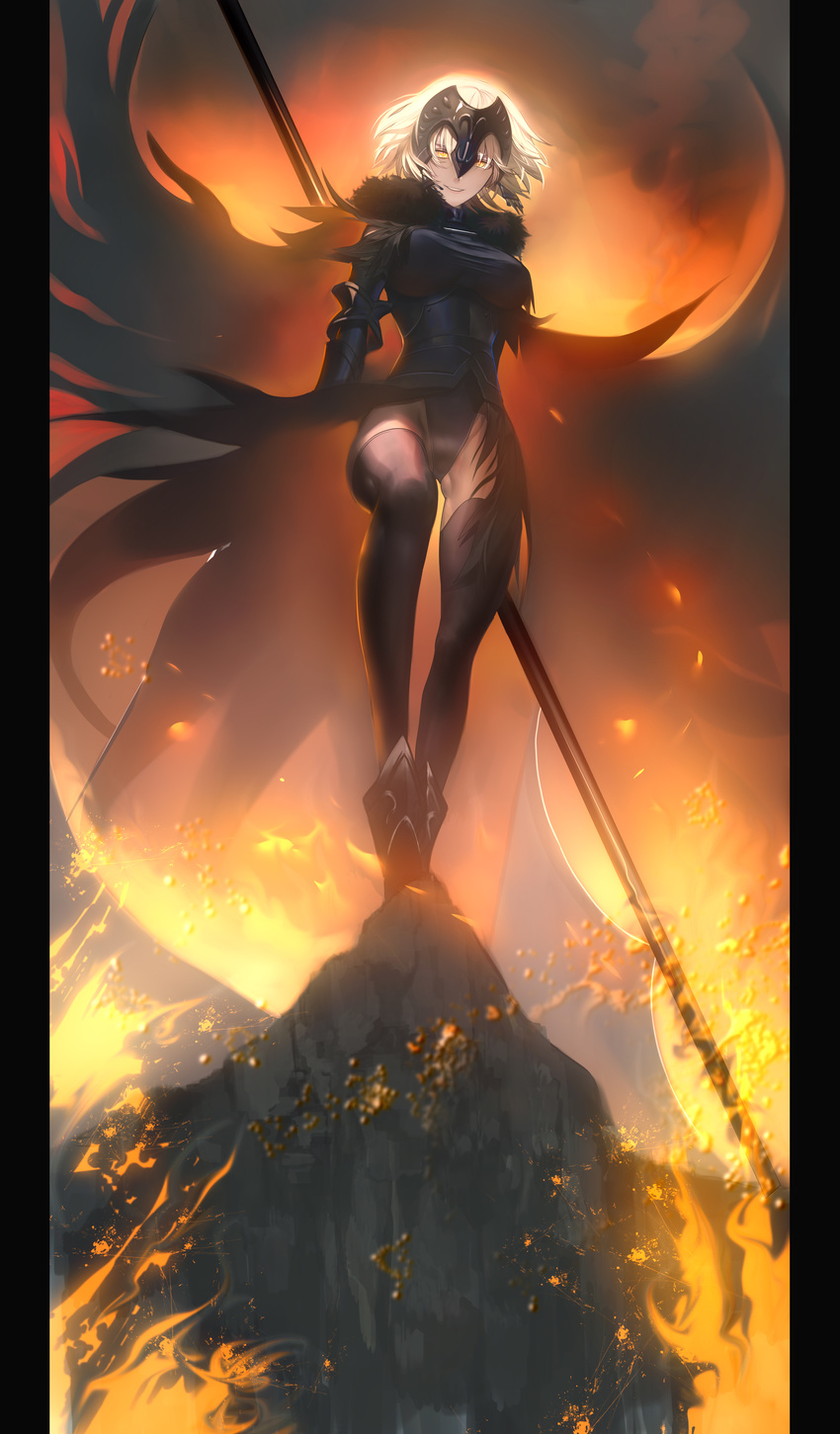 absurdres ankle_boots armor armored_boots black_cape black_legwear black_leotard black_skirt blonde_hair boots breasts burning cape commentary_request fate/grand_order fate_(series) fire flag fur-trimmed_cape fur_trim headpiece highleg highleg_leotard highres jeanne_d'arc_(alter)_(fate) jeanne_d'arc_(fate)_(all) large_breasts leotard leotard_shot leotard_under_clothes long_skirt looking_at_viewer parted_lips pillarboxed rock shirt short_hair skirt smile solo sparks standing taut_clothes taut_shirt thighhighs thighs tight tsukimoto_aoi wind yellow_eyes