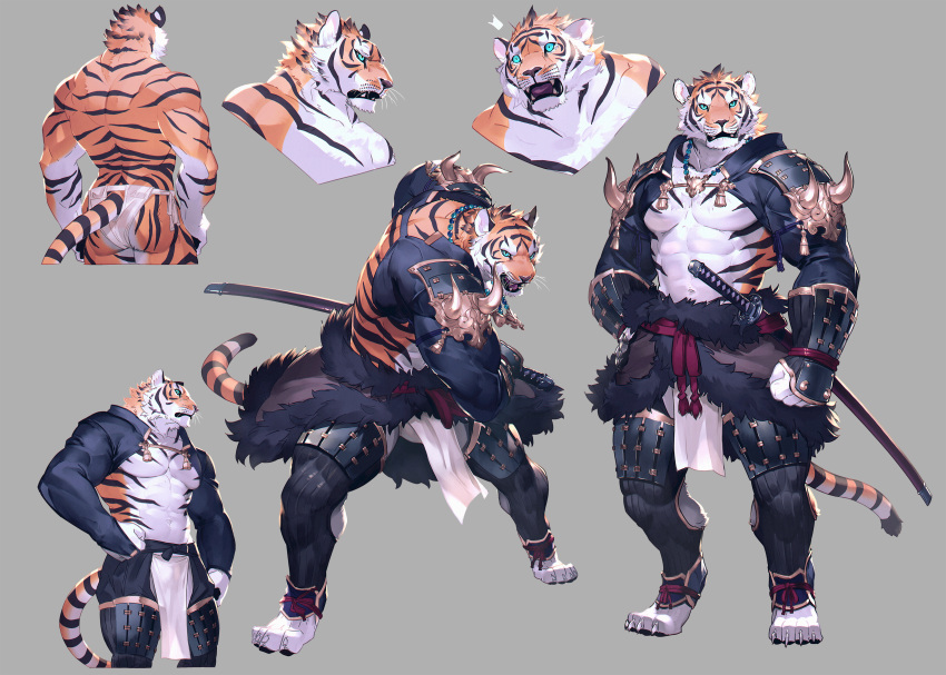 2018 4_toes abs afd-yred anthro barefoot claws clothed clothing digital_media_(artwork) fangs felid fur male mammal melee_weapon muscular muscular_male pantherine pecs striped_fur striped_tail stripes sword tiger toe_claws toes underwear weapon whiskers