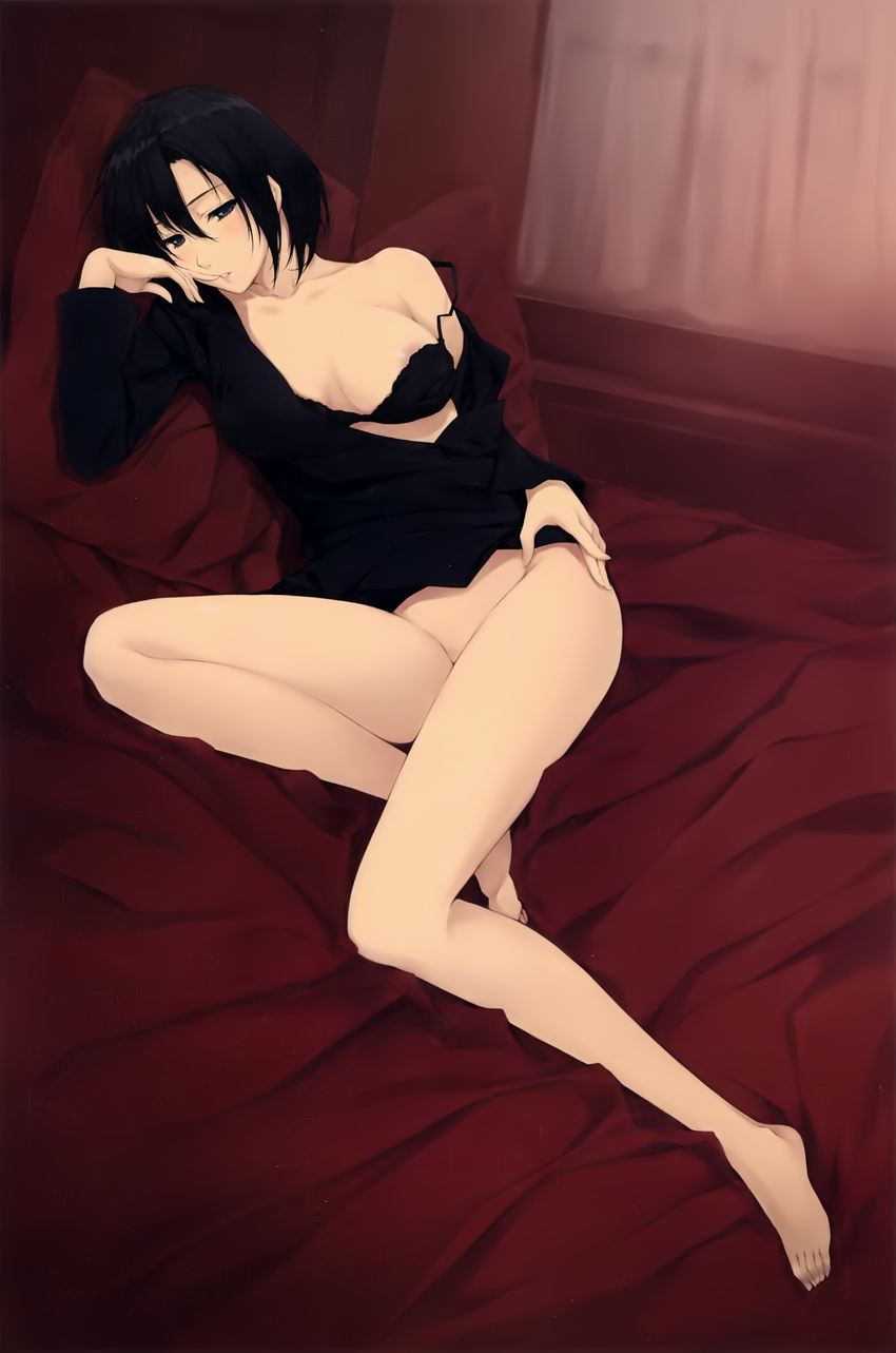 absurdres areola_slip areolae barefoot black_bra black_hair bottomless bra breasts caucasus full_body groin highres kirihara_souko legs long_legs medium_breasts no_panties short_hair solo strap_slip sugina_miki underwear