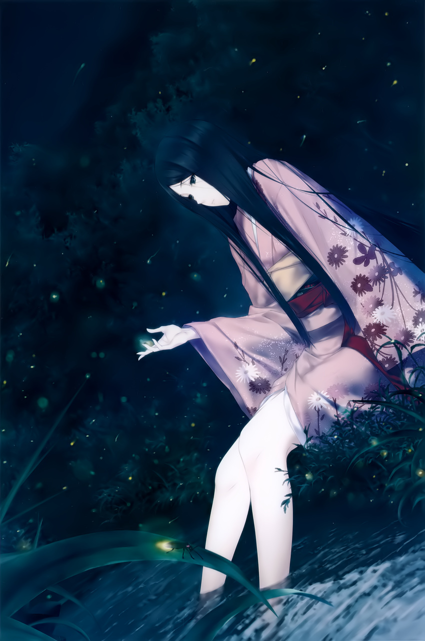 absurdres animal animal_on_hand arm_at_side black_eyes black_hair bug closed_mouth dutch_angle fireflies firefly flat_chest floral_print frown grass hair_strand half-closed_eyes highres insect japanese_clothes kara_no_shoujo_2 kimono long_hair long_sleeves looking_at_hand nature night obi on_ground open_hand outdoors outstretched_hand pink_kimono sash satsuki_(kara_no_shoujo) sitting soaking_feet solo straight_hair stream sugina_miki tree very_long_hair water wide_sleeves yukata