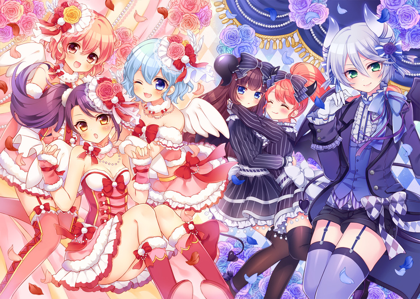5girls :&lt; :3 :o :q ;3 ;d ^_^ argyle argyle_background argyle_legwear arm_warmers arms_around_neck arms_up bangs bare_arms bare_shoulders bat_wings bead_necklace beads black_dress black_jacket black_legwear black_ribbon black_shorts blue_eyes blue_flower blue_hair blue_legwear blue_ribbon blue_rose blush boots bow braid breasts brother_and_sister brown_footwear brown_hair buttons center_frills cleavage closed_eyes closed_mouth collarbone commentary_request corset demon_horns demon_tail dorothy_west dress eyebrows_visible_through_hair fang feathers floating_hair flower french_braid frilled_dress frills fur-trimmed_boots fur_trim garter_straps gloves green_eyes hair_between_eyes hair_feathers hair_flower hair_ornament hair_ribbon hair_scrunchie hand_up hands_up high_heel_boots high_heels high_ponytail horn_ribbon horns hug jacket jewelry knee_boots kurosu_aroma leona_west loafers long_hair long_sleeves looking_at_viewer medium_breasts mitsuba_choco mole mole_under_eye multiple_girls necklace one_eye_closed open_clothes open_jacket open_mouth otoko_no_ko parted_bangs petals pink_dress pink_eyes pink_flower pink_footwear pink_hair pink_legwear pink_rose ponytail pretty_(series) print_legwear pripara purple_flower purple_hair purple_rose red_bow red_flower red_hair red_ribbon red_rose ribbon rose rose_petals scrunchie shikyouin_hibiki shiny shiny_clothes shiny_hair shiratama_mikan shoes short_hair shorts siblings side_ponytail silver_hair smile standing strapless strapless_dress striped striped_dress striped_ribbon swept_bangs tail tassel thighhighs tongue tongue_out toudou_shion twins white_feathers white_gloves white_ribbon white_wings wings wrist_scrunchie yellow_eyes yellow_flower yellow_rose |3
