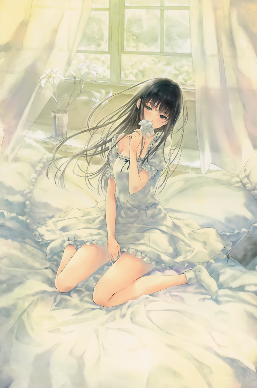 absurdres barefoot bed bed_sheet black_hair blush breasts curtains dress flower flowers_(innocent_grey) frills highres long_hair medium_breasts pillow shirahane_suou sitting socks solo sugina_miki wariza